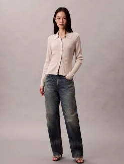 Calvin Klein Cardigan aus Wollmischung mit geripptem Kragen^Damen Strickdesigns