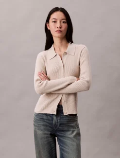 Calvin Klein Cardigan aus Wollmischung mit geripptem Kragen^Damen Strickdesigns