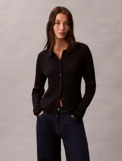 Calvin Klein Cardigan aus Wollmischung mit geripptem Kragen^Damen Strickdesigns