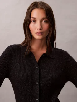 Calvin Klein Cardigan aus Wollmischung mit geripptem Kragen^Damen Strickdesigns