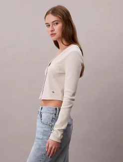 Calvin Klein Cropped Cardigan aus gerippter Baumwolle^Damen T-shirts & Tops|Strickdesigns