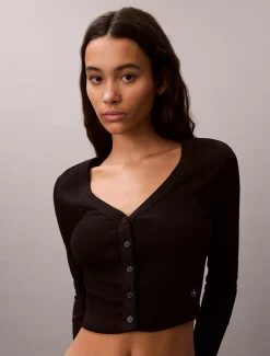 Calvin Klein Cropped Cardigan aus gerippter Baumwolle^Damen T-shirts & Tops|Strickdesigns