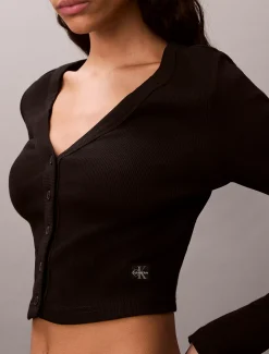 Calvin Klein Cropped Cardigan aus gerippter Baumwolle^Damen T-shirts & Tops|Strickdesigns