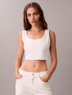 Calvin Klein Cropped Tanktop aus Denim mit durchgehendem Monogramm^Damen T-shirts & Tops