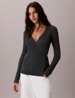 Calvin Klein Gerippte Wickel-Strickjacke aus einer Leinenmischung^Damen Strickdesigns