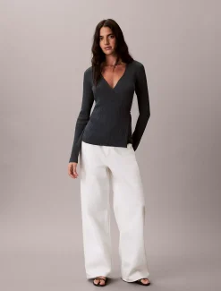Calvin Klein Gerippte Wickel-Strickjacke aus einer Leinenmischung^Damen Strickdesigns