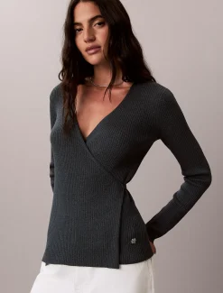 Calvin Klein Gerippte Wickel-Strickjacke aus einer Leinenmischung^Damen Strickdesigns