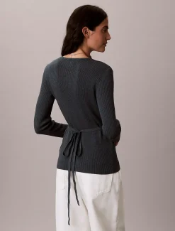 Calvin Klein Gerippte Wickel-Strickjacke aus einer Leinenmischung^Damen Strickdesigns