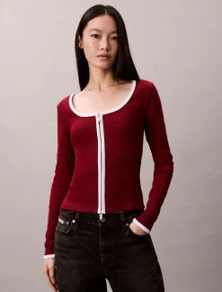 Calvin Klein Gerippter Cardigan mit U-Ausschnitt und Reißverschluss^Damen Hemden & Blusen