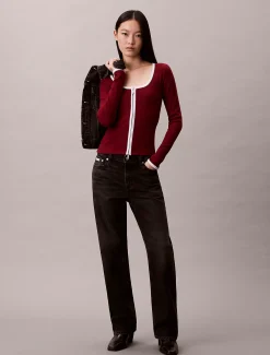 Calvin Klein Gerippter Cardigan mit U-Ausschnitt und Reißverschluss^Damen Hemden & Blusen