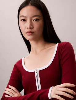 Calvin Klein Gerippter Cardigan mit U-Ausschnitt und Reißverschluss^Damen Hemden & Blusen