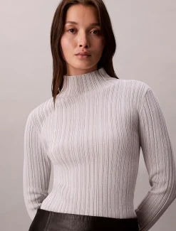 Calvin Klein Gerippter Pullover aus Viskosegemisch mit Stehkragen^Damen Strickdesigns