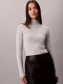 Calvin Klein Gerippter Pullover aus Viskosegemisch mit Stehkragen^Damen Strickdesigns