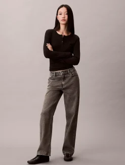 Calvin Klein Geripptes Henley-T-Shirt mit Monologo^Damen T-shirts & Tops