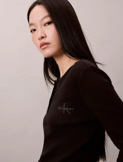 Calvin Klein Geripptes Henley-T-Shirt mit Monologo^Damen T-shirts & Tops