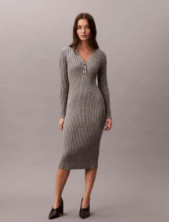 Calvin Klein Geripptes Midikleid aus Baumwoll-Mouline^Damen Kleider & Röcke