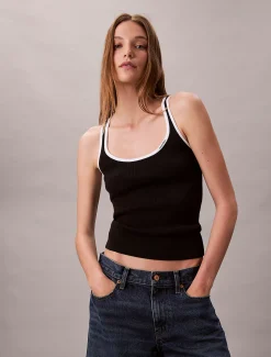 Calvin Klein Geripptes Tanktop mit kontrastierender Borte^Damen Strickdesigns