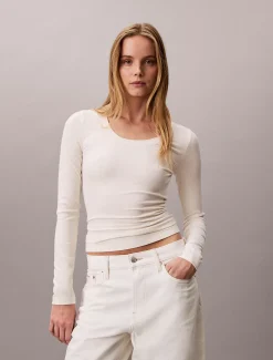 Calvin Klein Geripptes T-Shirt aus Modal mit langen Ärmeln^Damen T-shirts & Tops|Strickdesigns