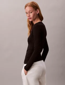 Calvin Klein Geripptes T-Shirt aus Modal mit langen Ärmeln^Damen T-shirts & Tops