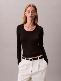 Calvin Klein Geripptes T-Shirt aus Modal mit langen Ärmeln^Damen T-shirts & Tops