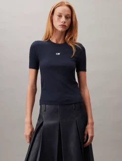 Calvin Klein Geripptes T-Shirt aus Modal-Stretch mit CK-Logo^Damen T-shirts & Tops