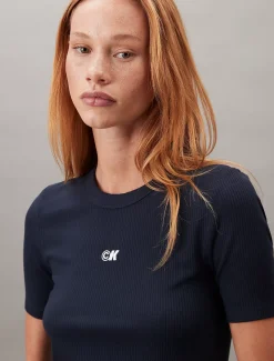 Calvin Klein Geripptes T-Shirt aus Modal-Stretch mit CK-Logo^Damen T-shirts & Tops