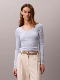 Calvin Klein Geripptes T-Shirt aus Modal mit langen Ärmeln^Damen T-shirts & Tops