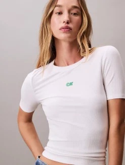 Calvin Klein Geripptes T-Shirt aus Modal-Stretch mit CK-Logo^Damen T-shirts & Tops
