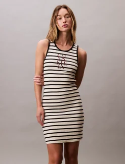 Calvin Klein Gestreiftes ärmelloses Kleid aus gerippter Baumwolle^Damen Kleider & Röcke|T-shirts & Tops
