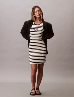 Calvin Klein Gestreiftes ärmelloses Kleid aus gerippter Baumwolle^Damen Kleider & Röcke|T-shirts & Tops