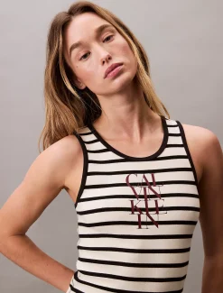 Calvin Klein Gestreiftes ärmelloses Kleid aus gerippter Baumwolle^Damen Kleider & Röcke|T-shirts & Tops