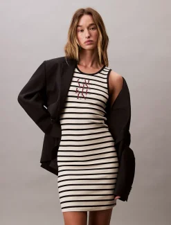 Calvin Klein Gestreiftes ärmelloses Kleid aus gerippter Baumwolle^Damen Kleider & Röcke|T-shirts & Tops
