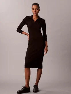 Calvin Klein Gewebtes geripptes Midikleid mit Monologo^Damen Kleider & Röcke