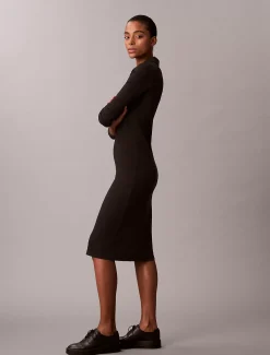 Calvin Klein Gewebtes geripptes Midikleid mit Monologo^Damen Kleider & Röcke