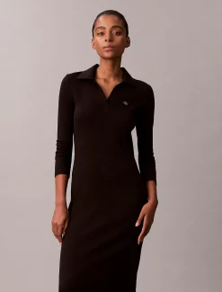 Calvin Klein Gewebtes geripptes Midikleid mit Monologo^Damen Kleider & Röcke