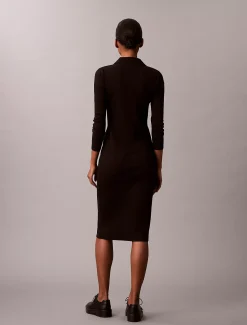 Calvin Klein Gewebtes geripptes Midikleid mit Monologo^Damen Kleider & Röcke