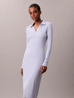 Calvin Klein Gewebtes geripptes Midikleid mit Monologo^Damen Kleider & Röcke
