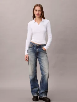 Calvin Klein Gewebtes Ripstrick-Top mit Monologo und Kragen^Damen T-shirts & Tops