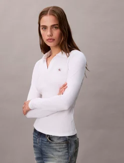 Calvin Klein Gewebtes Ripstrick-Top mit Monologo und Kragen^Damen T-shirts & Tops