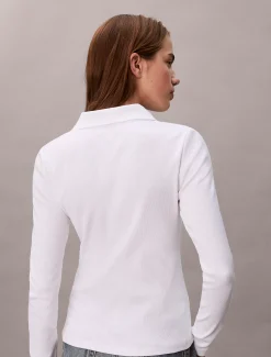 Calvin Klein Gewebtes Ripstrick-Top mit Monologo und Kragen^Damen T-shirts & Tops