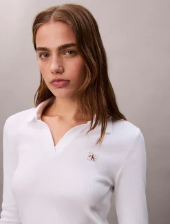 Calvin Klein Gewebtes Ripstrick-Top mit Monologo und Kragen^Damen T-shirts & Tops
