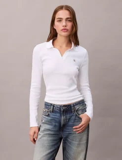 Calvin Klein Gewebtes Ripstrick-Top mit Monologo und Kragen^Damen T-shirts & Tops