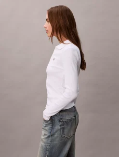 Calvin Klein Gewebtes Ripstrick-Top mit Monologo und Kragen^Damen T-shirts & Tops