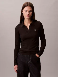 Calvin Klein Gewebtes Ripstrick-Top mit Monologo und Kragen^Damen T-shirts & Tops
