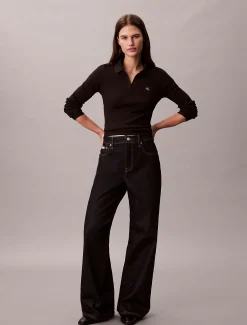 Calvin Klein Gewebtes Ripstrick-Top mit Monologo und Kragen^Damen T-shirts & Tops