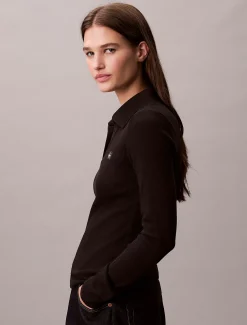 Calvin Klein Gewebtes Ripstrick-Top mit Monologo und Kragen^Damen T-shirts & Tops