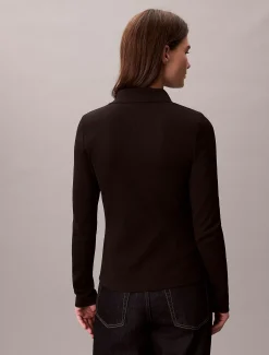 Calvin Klein Gewebtes Ripstrick-Top mit Monologo und Kragen^Damen T-shirts & Tops