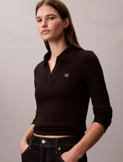 Calvin Klein Gewebtes Ripstrick-Top mit Monologo und Kragen^Damen T-shirts & Tops