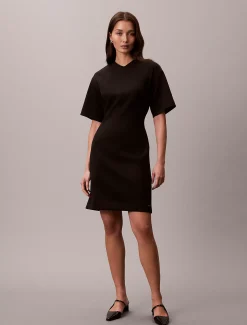 Calvin Klein Glattes Stretch-Kleid mit V-Ausschnitt und kurzen Ärmeln^Damen Kleider & Röcke