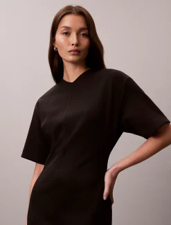 Calvin Klein Glattes Stretch-Kleid mit V-Ausschnitt und kurzen Ärmeln^Damen Kleider & Röcke